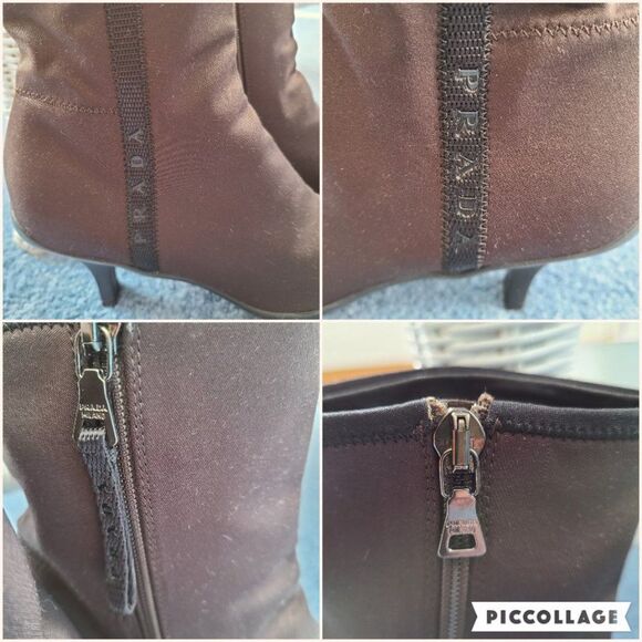 Prada Vintage BROWN Booties Nylon Sateen Spellout Logo Block Ankle Kitten Heel - Picture 11 of 15